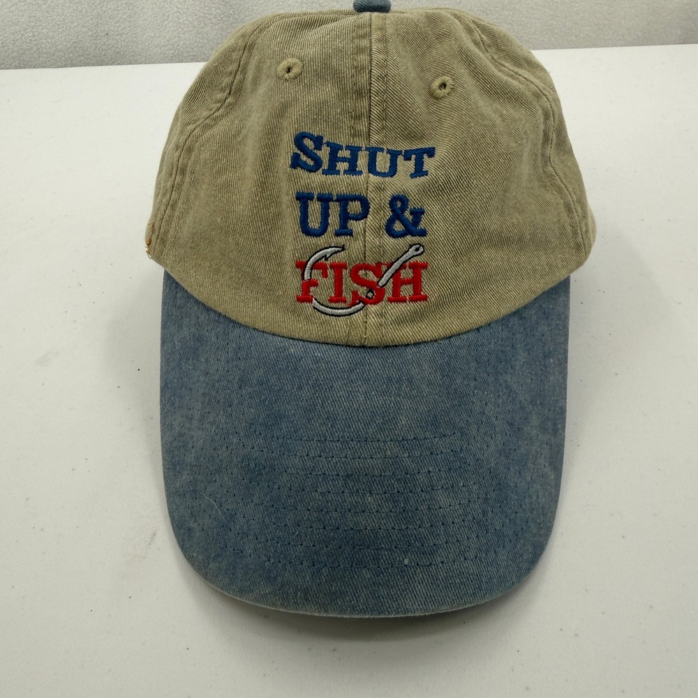Shut Up & Fish HAt Baseball Cap Mens OSFM Tan Blue Jekyll Island Center Cotton